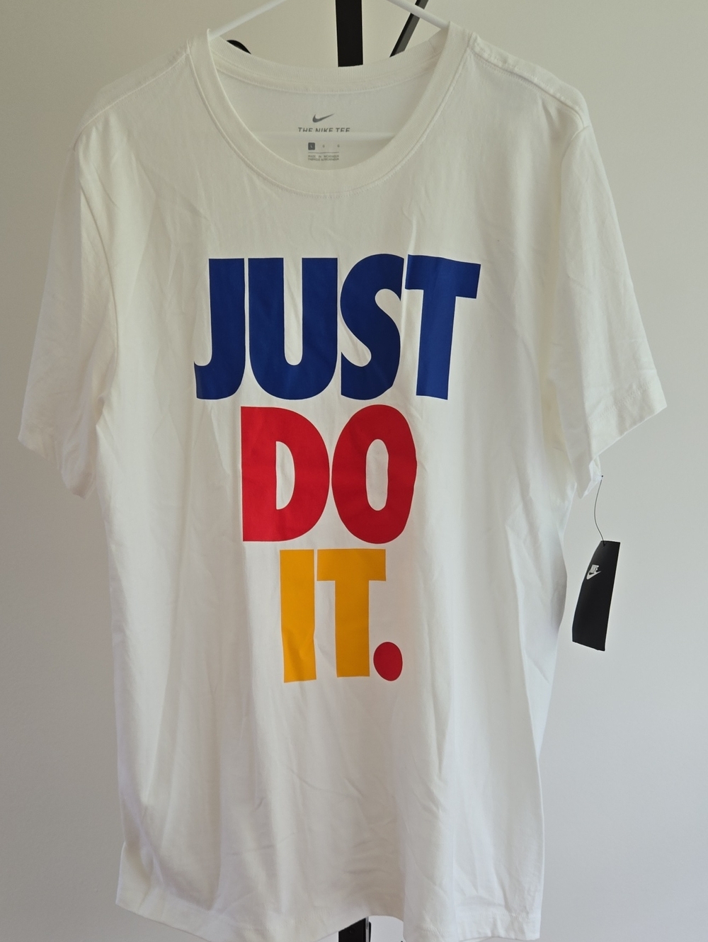 Nike White Short-Sleeve Tee with Blue, Red & Yellow JUST DO IT Graphic